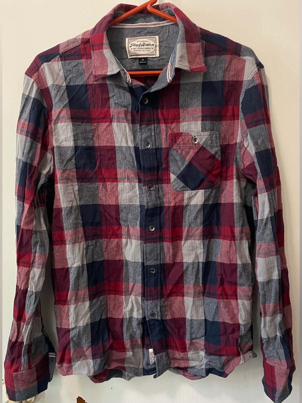 Flag & Anthem Men’s Button Up Shirt Flannel Plaid Medium M Red Navy Black White